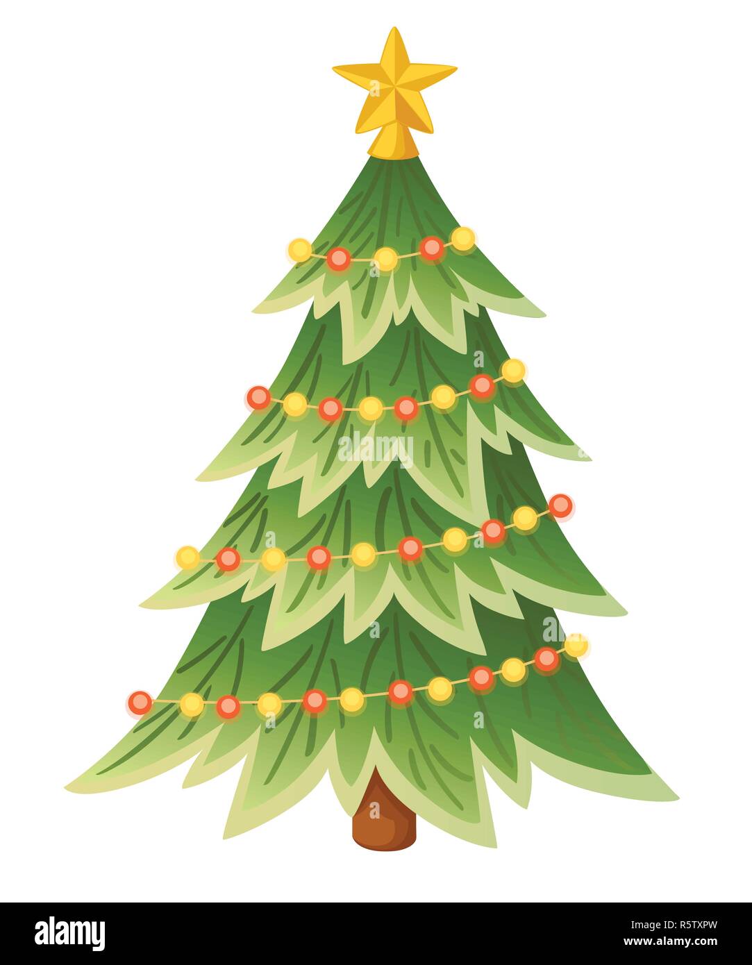 Decorated christmas tree with star, lights, decoration balls. Merry Christmas and happy new year. Green spruce, evergreen tree. Flat vector illustrati Stock Vector