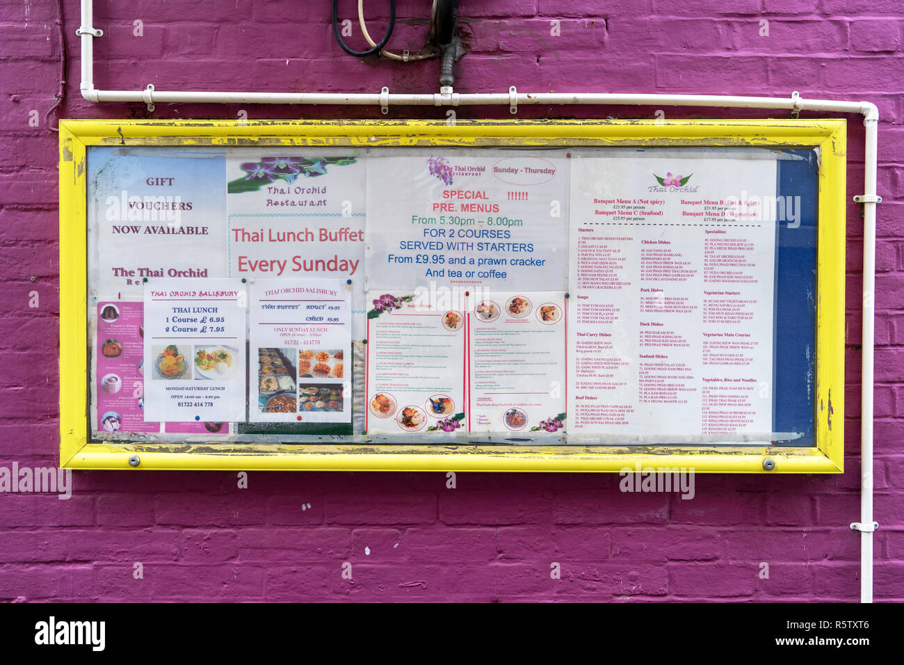Thai Restaurant Menus Board In Yellow Frame On Purple Wall Stock Photo Alamy
