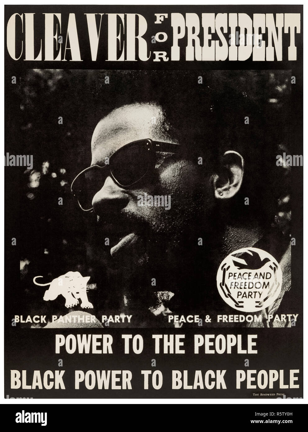 ‘Cleaver for President – Power to the People – Black Power to Black People’ 1968 presidential campaign poster for Eldridge Cleaver (1935-1998) leader of the Black Panther Party who stood on an anti-Vietnam war, black liberation candidate for the Peace and Freedom Party. See more information below. Stock Photo
