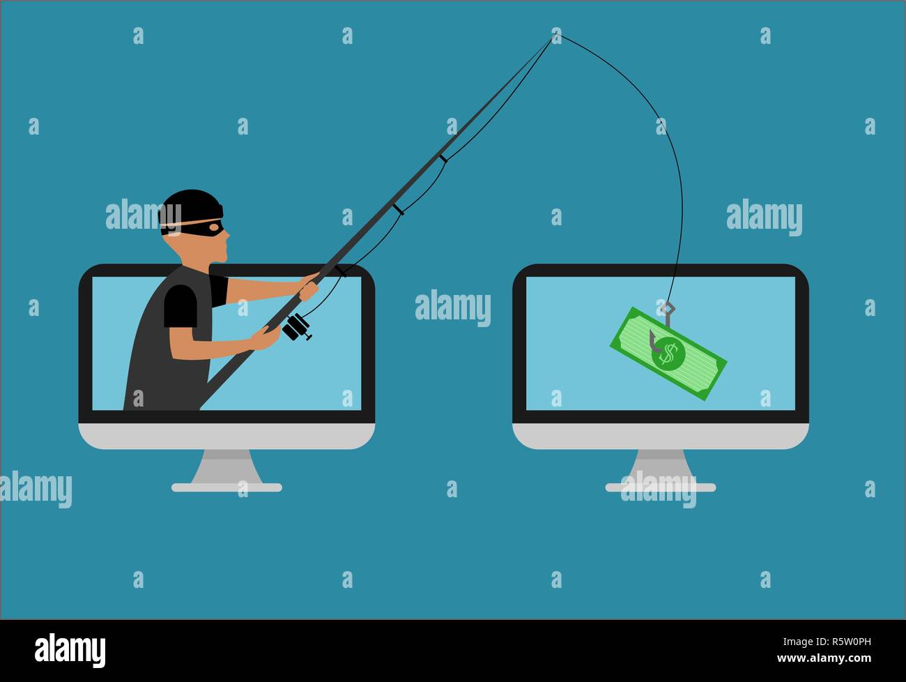 A thief is stealing money with fishing rod from the computer