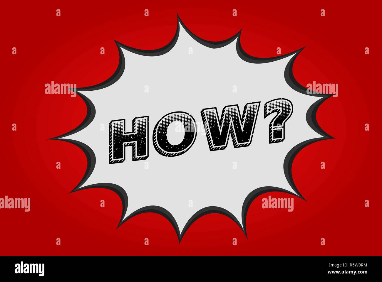 Question How in pop art speech bubble. Halftone dot text effect. Red background. Comic dialog cloud. Comics speech balloon. Question how comic. Vector Stock Vector