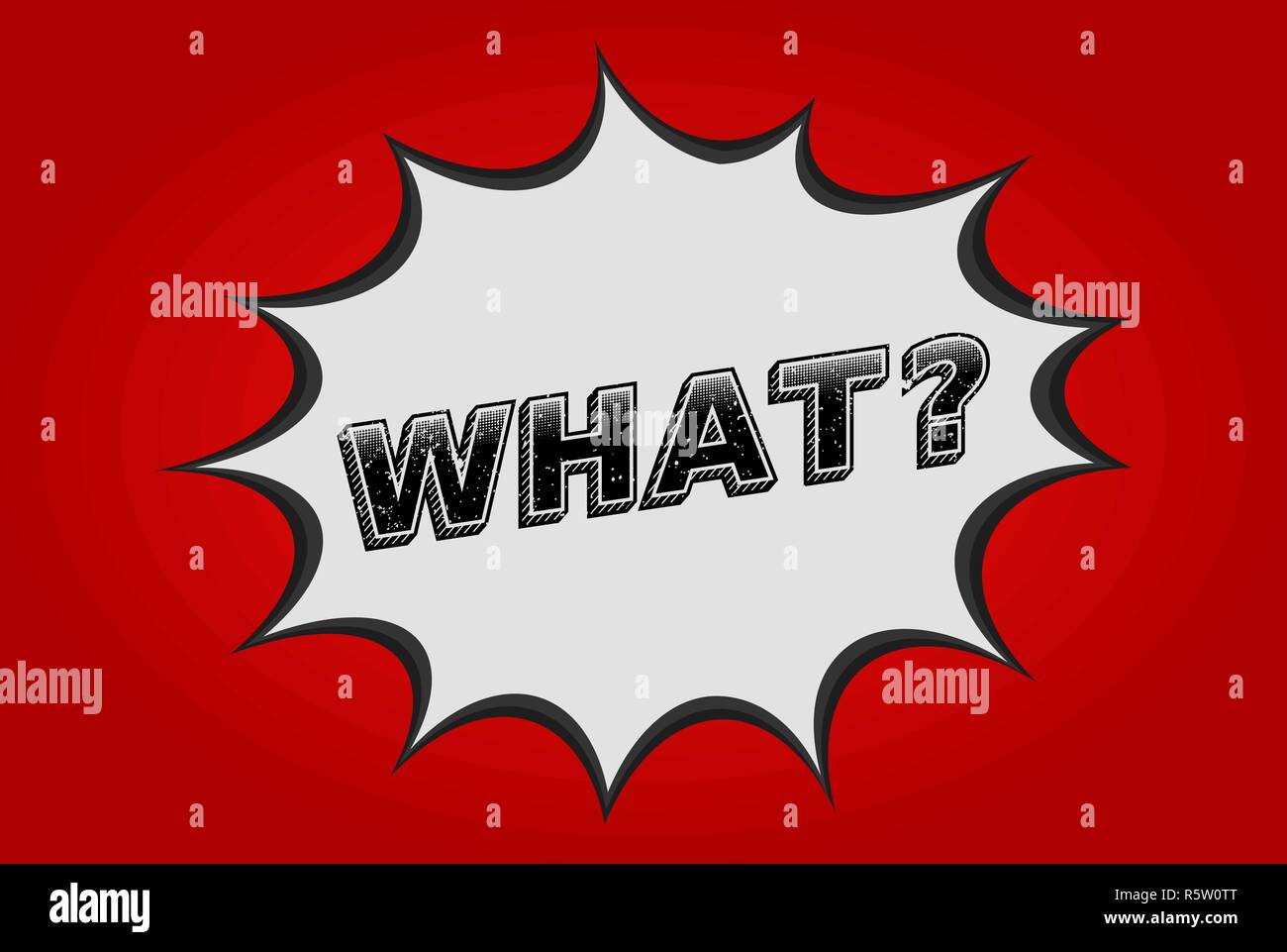 Question What in pop art speech bubble.Halftone dot text effect. Red background. Comic dialog cloud. Comics speech balloon.Question what comic. Vector Stock Vector