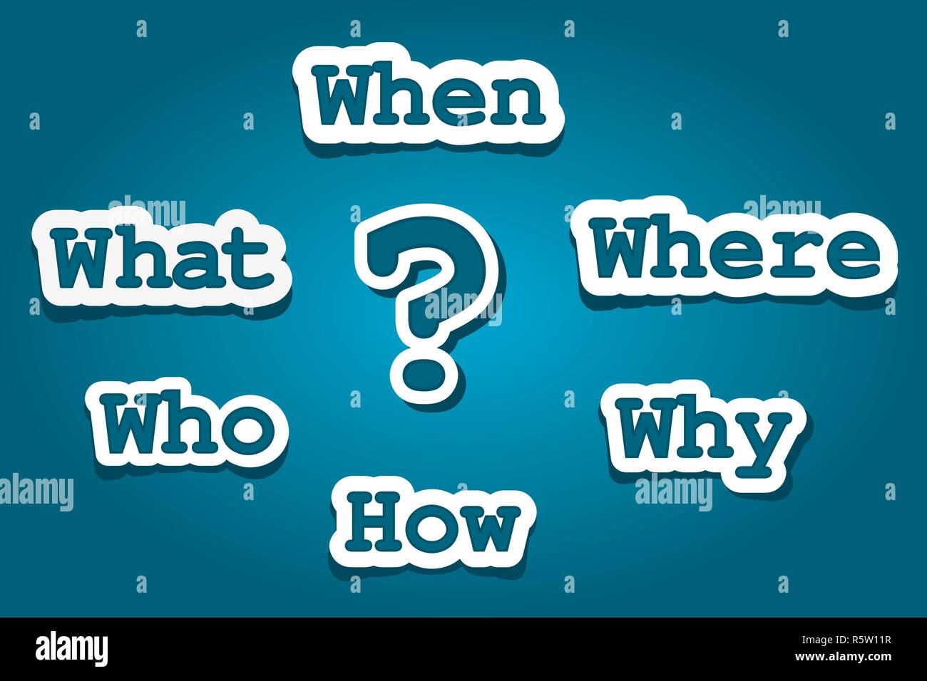 Vector illustration of question mark with questions: Who, what, where ...