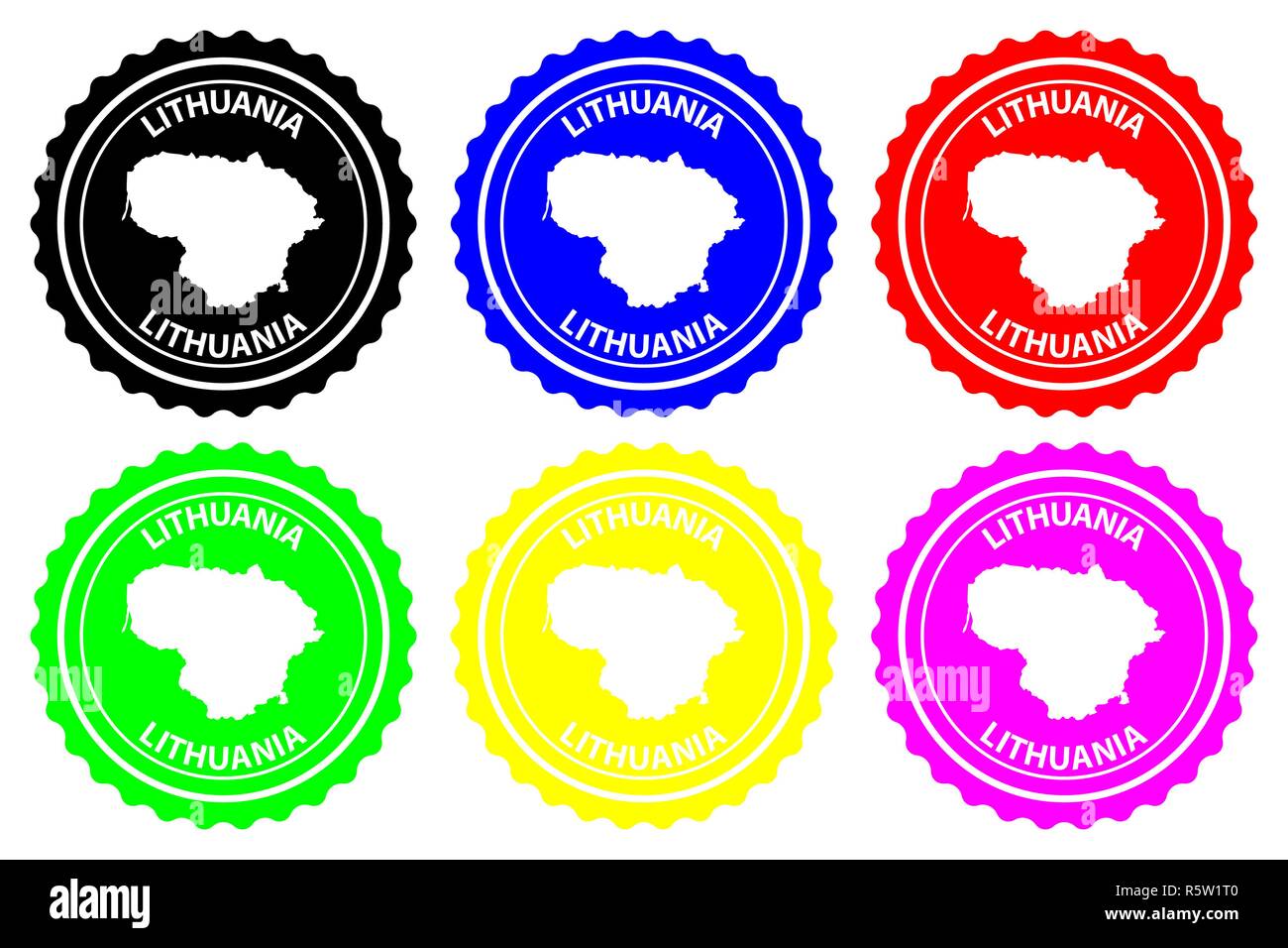 Lithuania - rubber stamp - vector, Lithuania map pattern - sticker - black, blue, green, yellow, purple and red Stock Vector