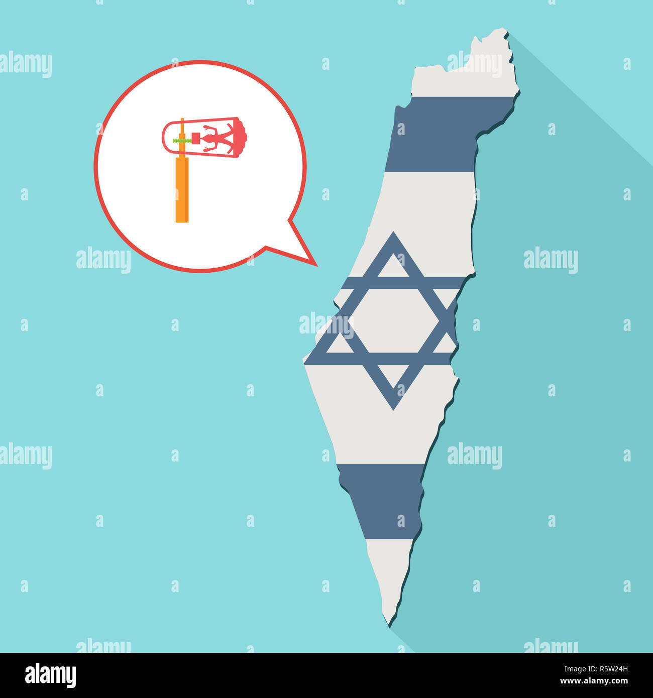 Animation of a long shadow Israel map with its flag and a comic balloon with a purim gragger Stock Photo