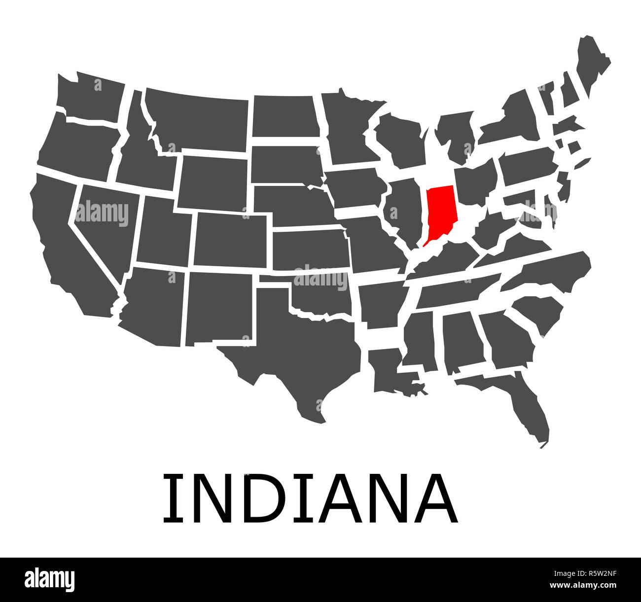 State of Indiana on map of USA Stock Photo