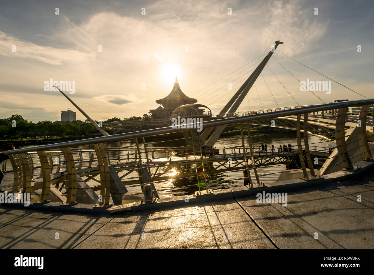The Darul Hana Bridge in Kuching is the only pedestrian bridge that connects the North and South of Kuching at the moment. Stock Photo