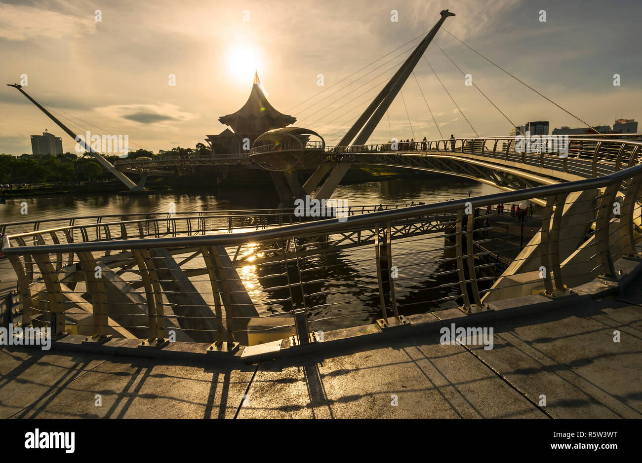 The Darul Hana Bridge in Kuching is the only pedestrian bridge that connects the North and South of Kuching at the moment. Stock Photo