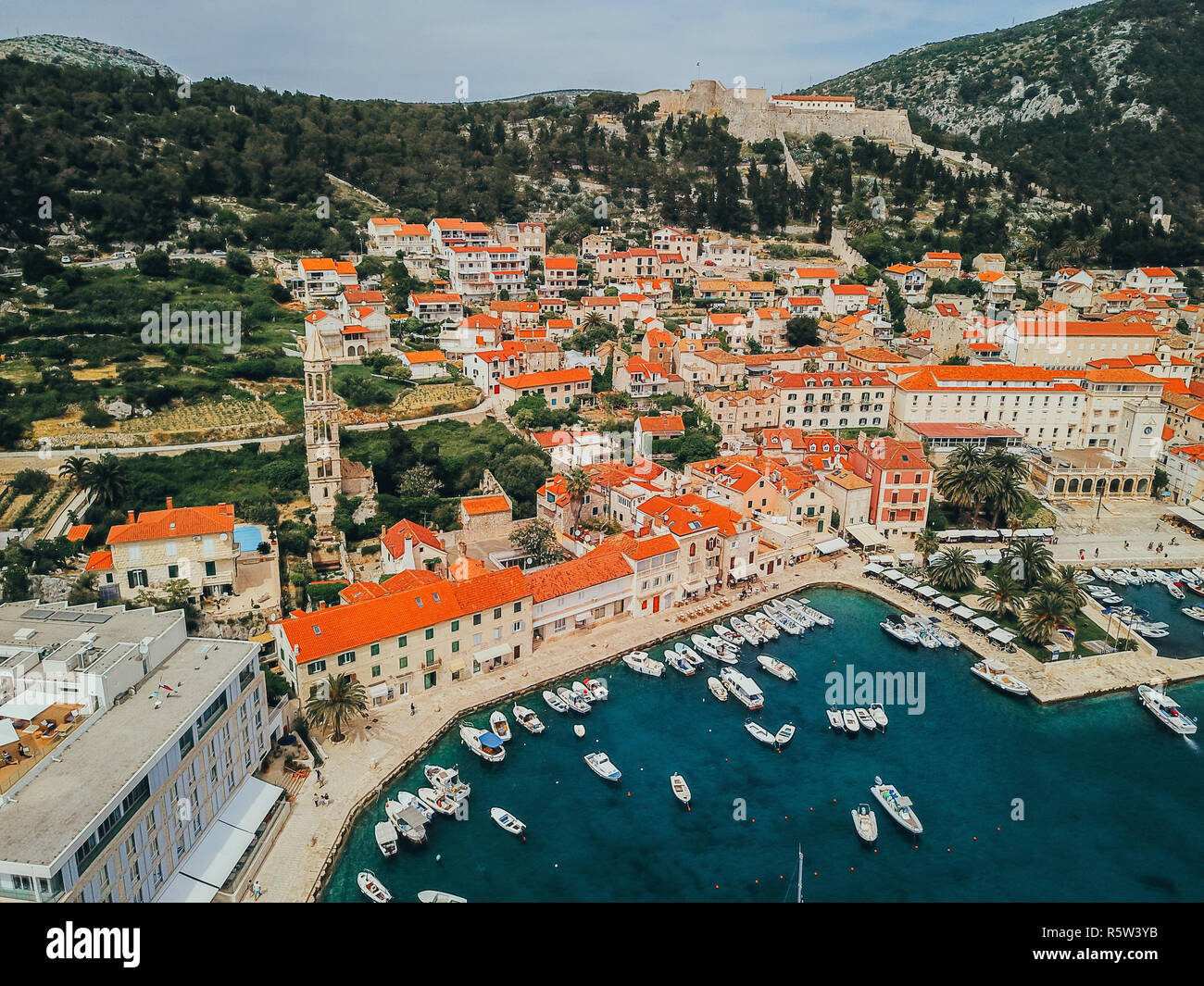Aerial view photo of picturesque port with sailboats and yachts Stock Photo