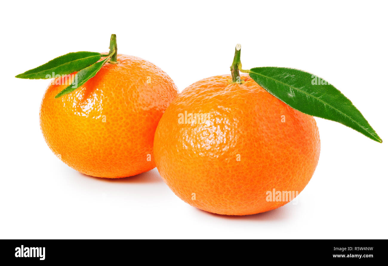 Tangerine or clementine with green leaf isolated on white background