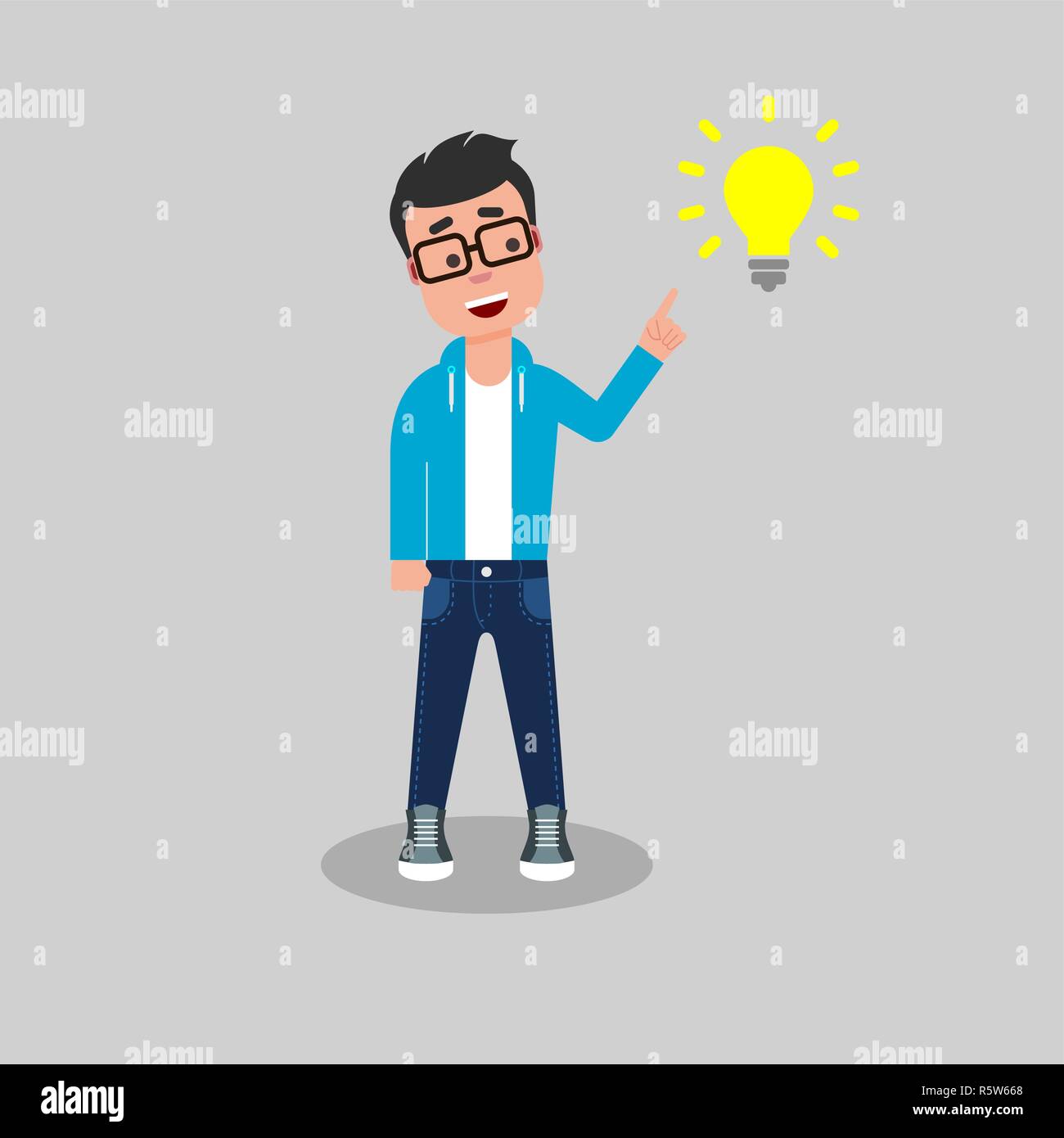 Young happy man in jeans and sweatshirt finger pointing at the symbol of an idea Stock Vector