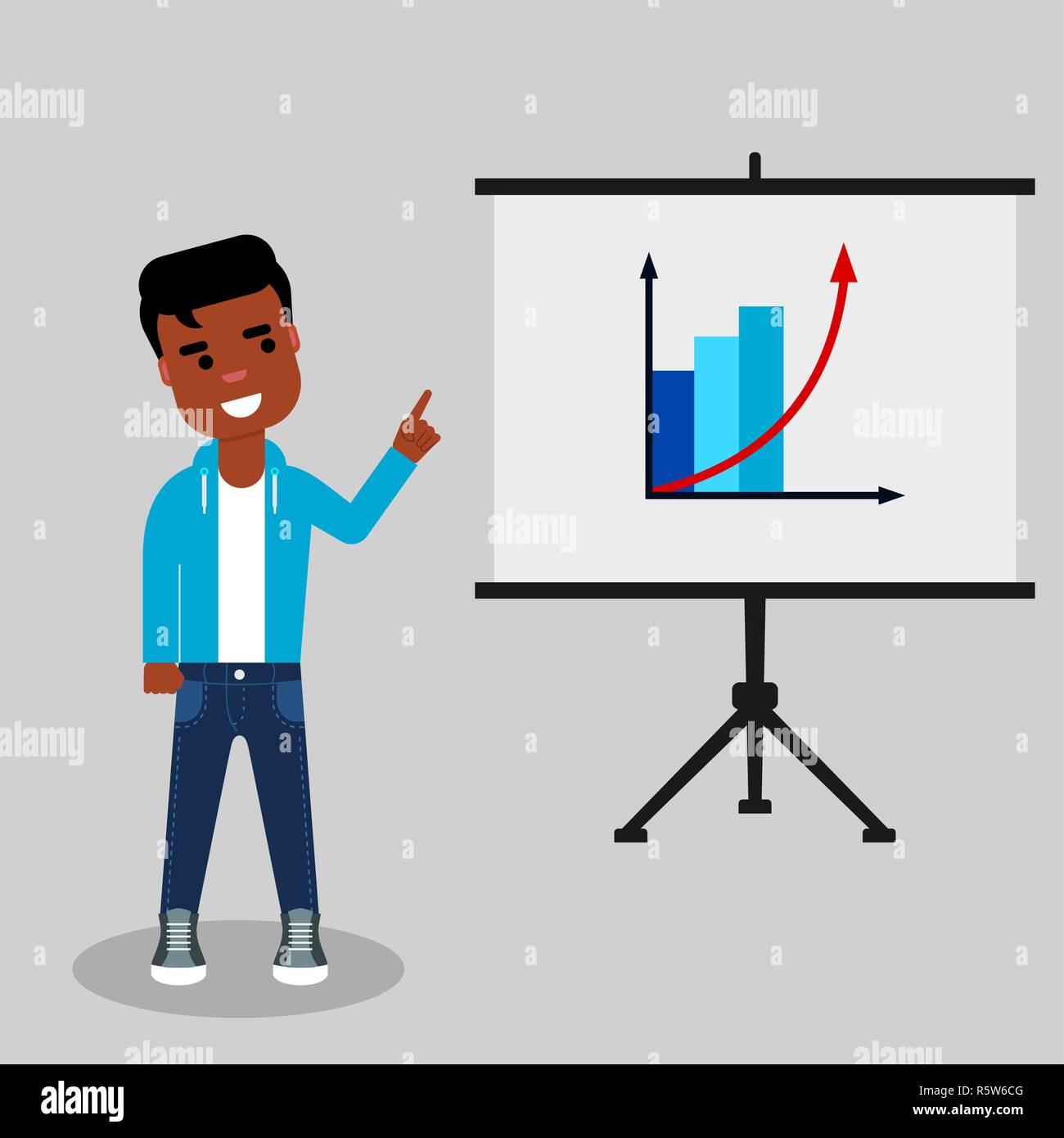 Young African American is standing near flip chart  pointing at the success graph. Successful project concept Stock Vector
