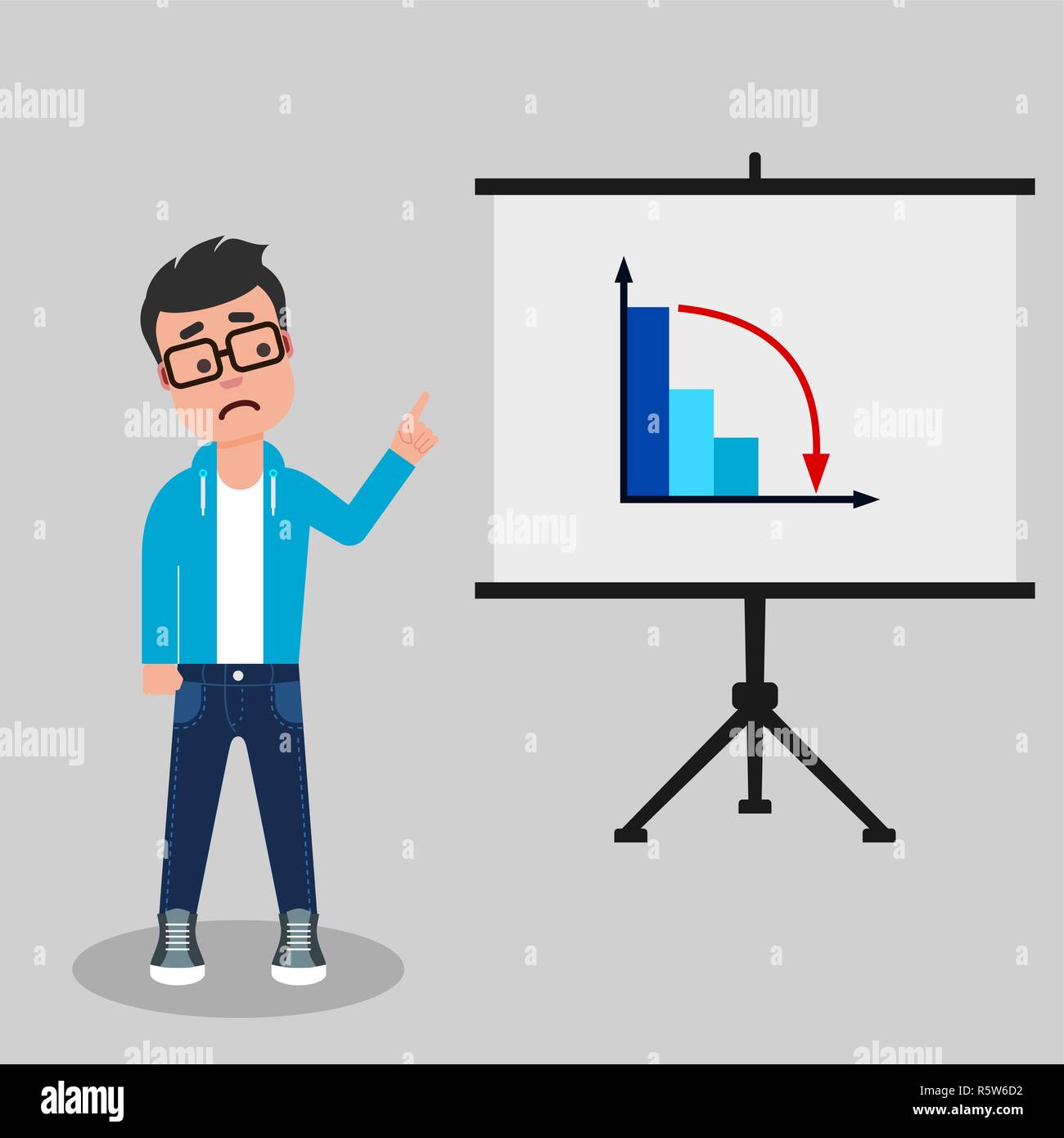 Young geek is standing near flip chart pointing at the decreasing graph