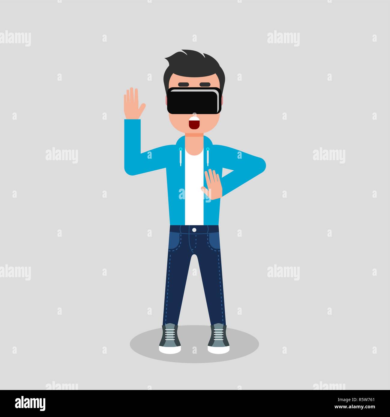Young geek in jeans and sweatshirt is looking through virtual reality glasses looking scared. Vector illustration, flat style Stock Vector