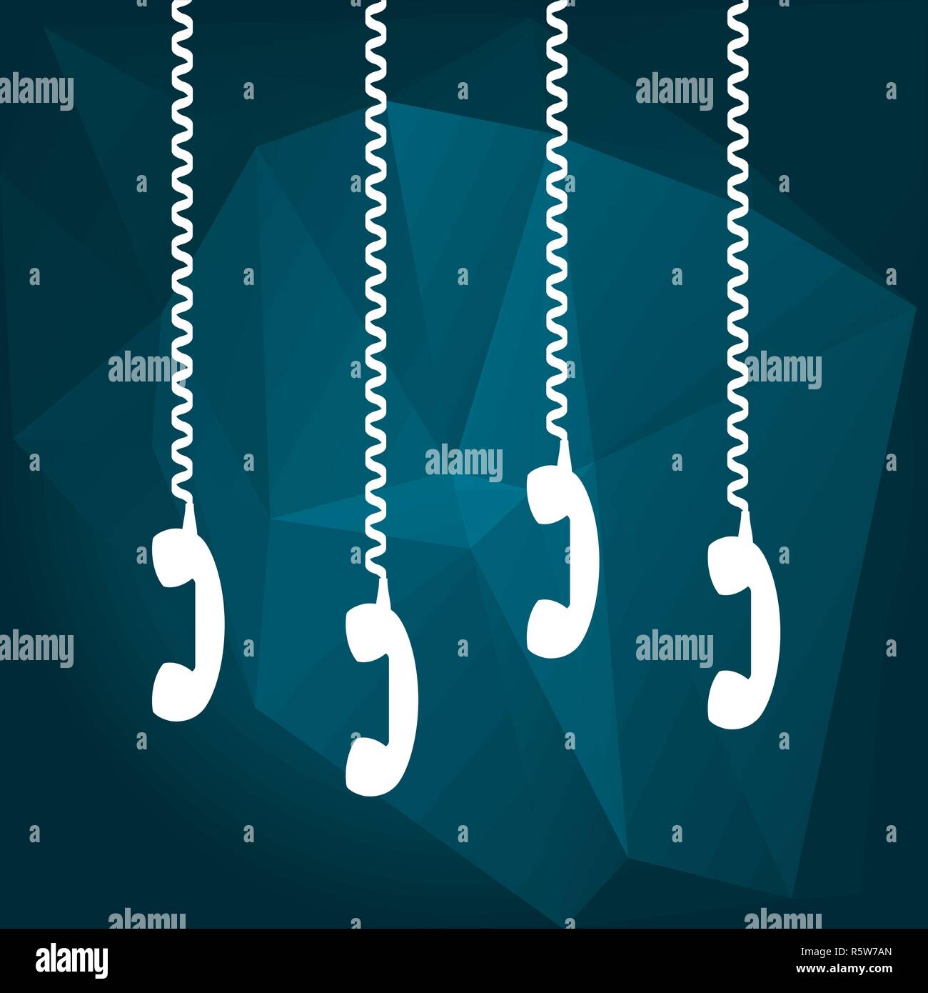 White retro phone receivers hanging on cables. Blue low poly background. On hold, on the phone, contact us, concept. Vector illustration, flat style. Stock Vector