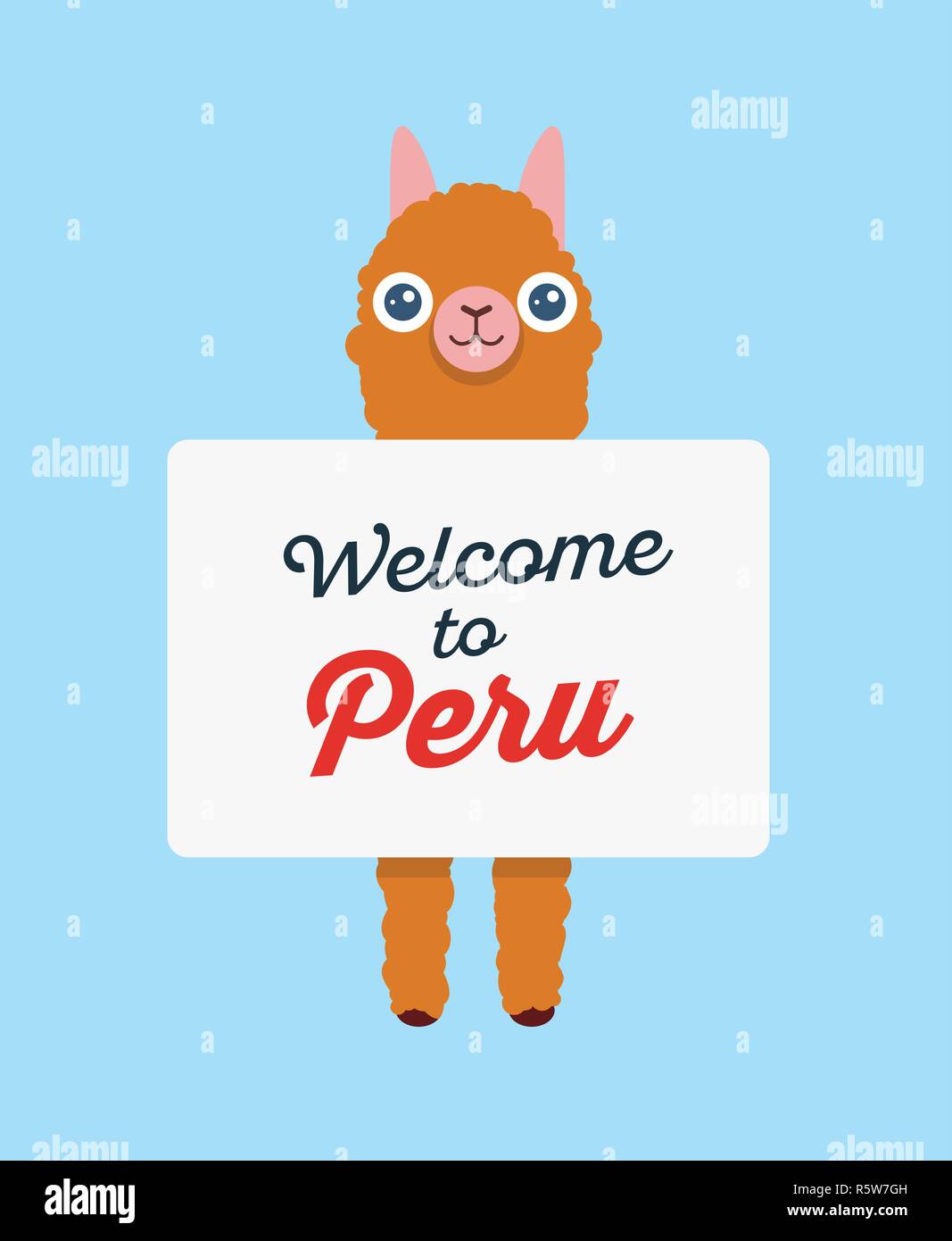 Alpaca Lama Holding Poster With Invitation Welcome To Peru Vector Cute Illustration Banner For Tourists In Peru Stock Vector Image Art Alamy