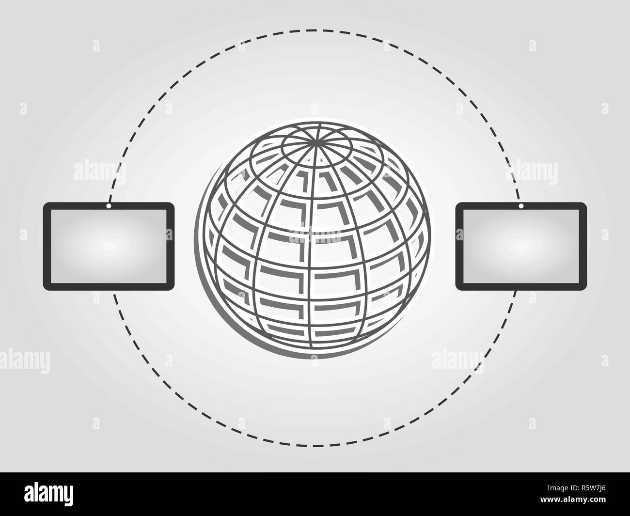 Two tablets communicate wireless around a globe on a gray background. Global connection, wireless communication, transfer data, concept Stock Vector