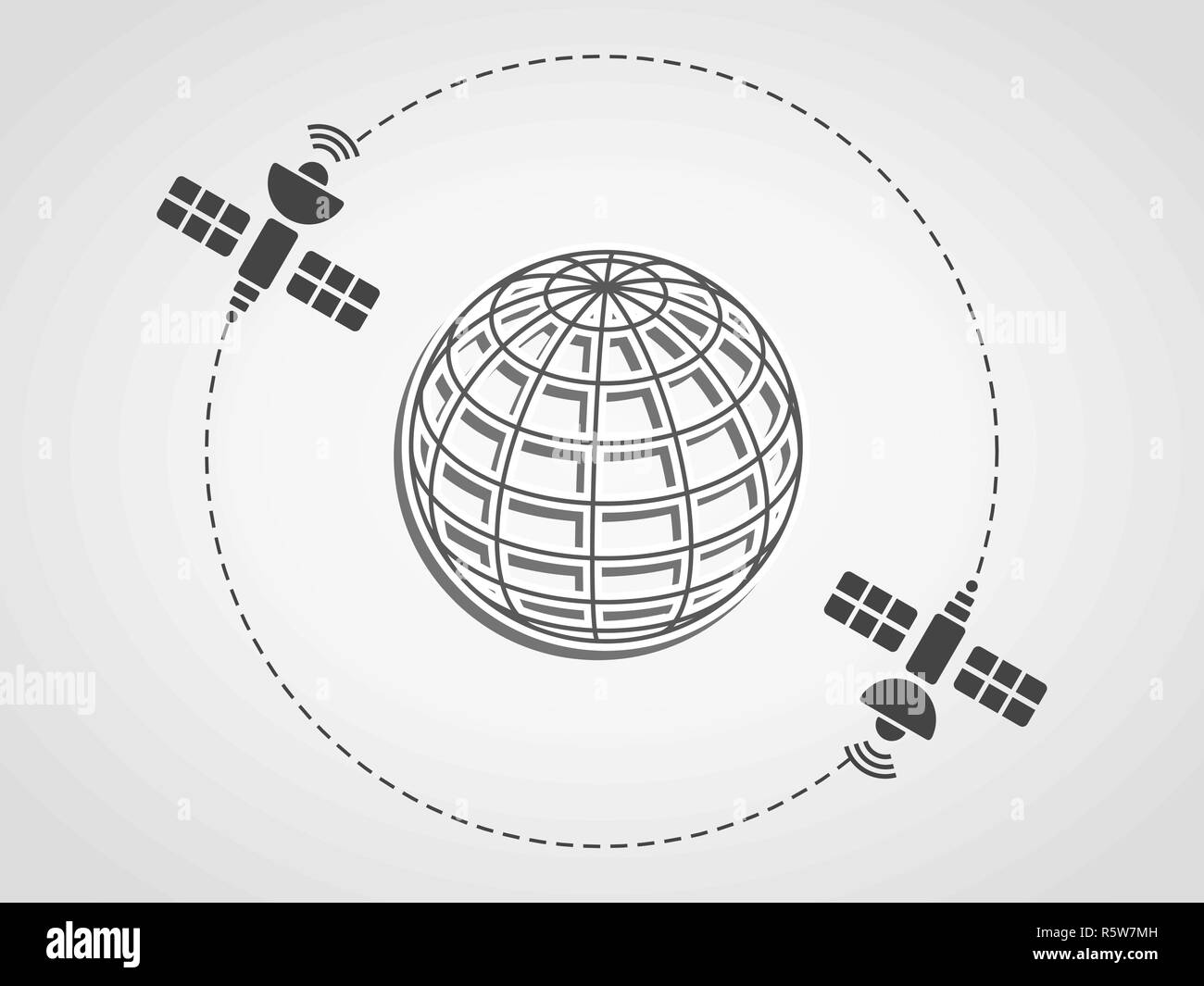 Two satellites orbiting the earth represented as a wireframe sphere on a subtle gray background. Global communication, wireless communication Stock Vector