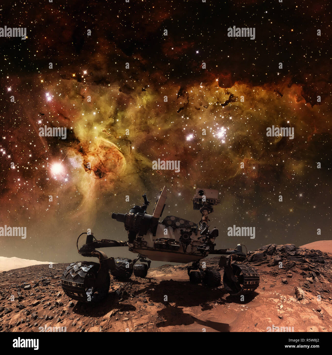 Curiosity rover exploring the surface of Mars. Stock Photo