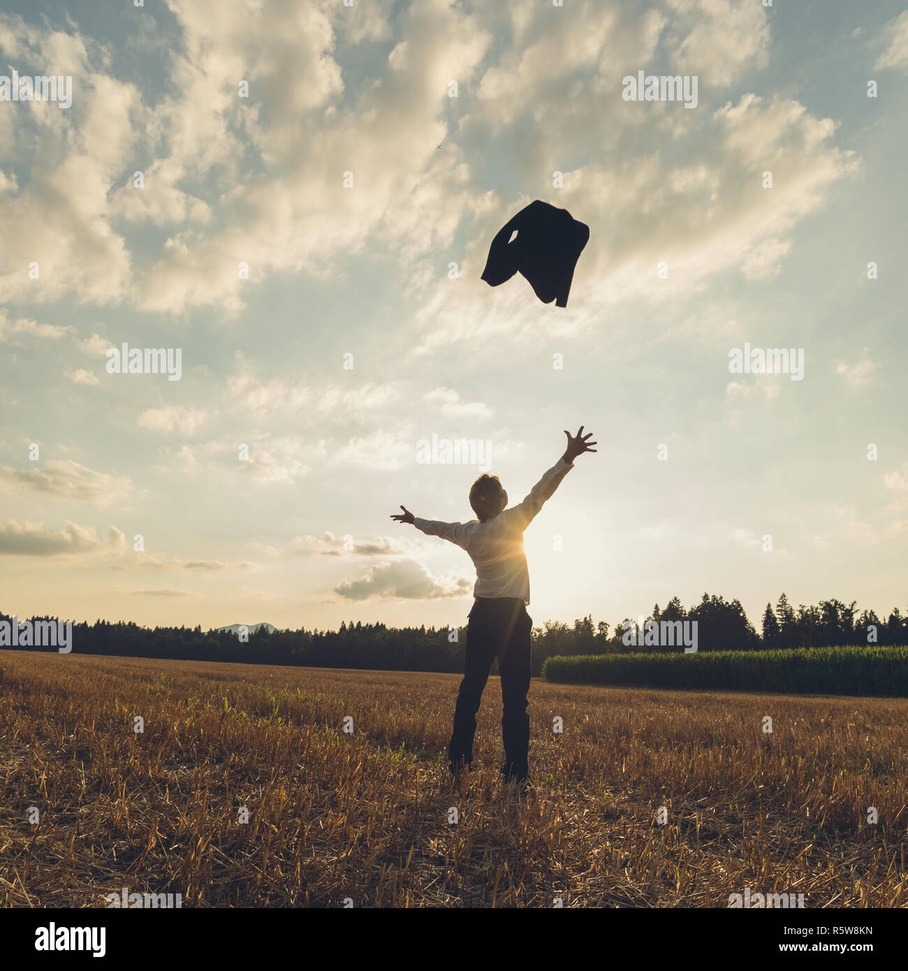 Successful businessman celebrating his achievement standing in nature