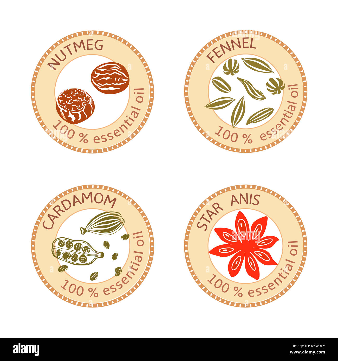Set of flat essential oil labels. 100 percent. Nutmeg, fennel, cardamom