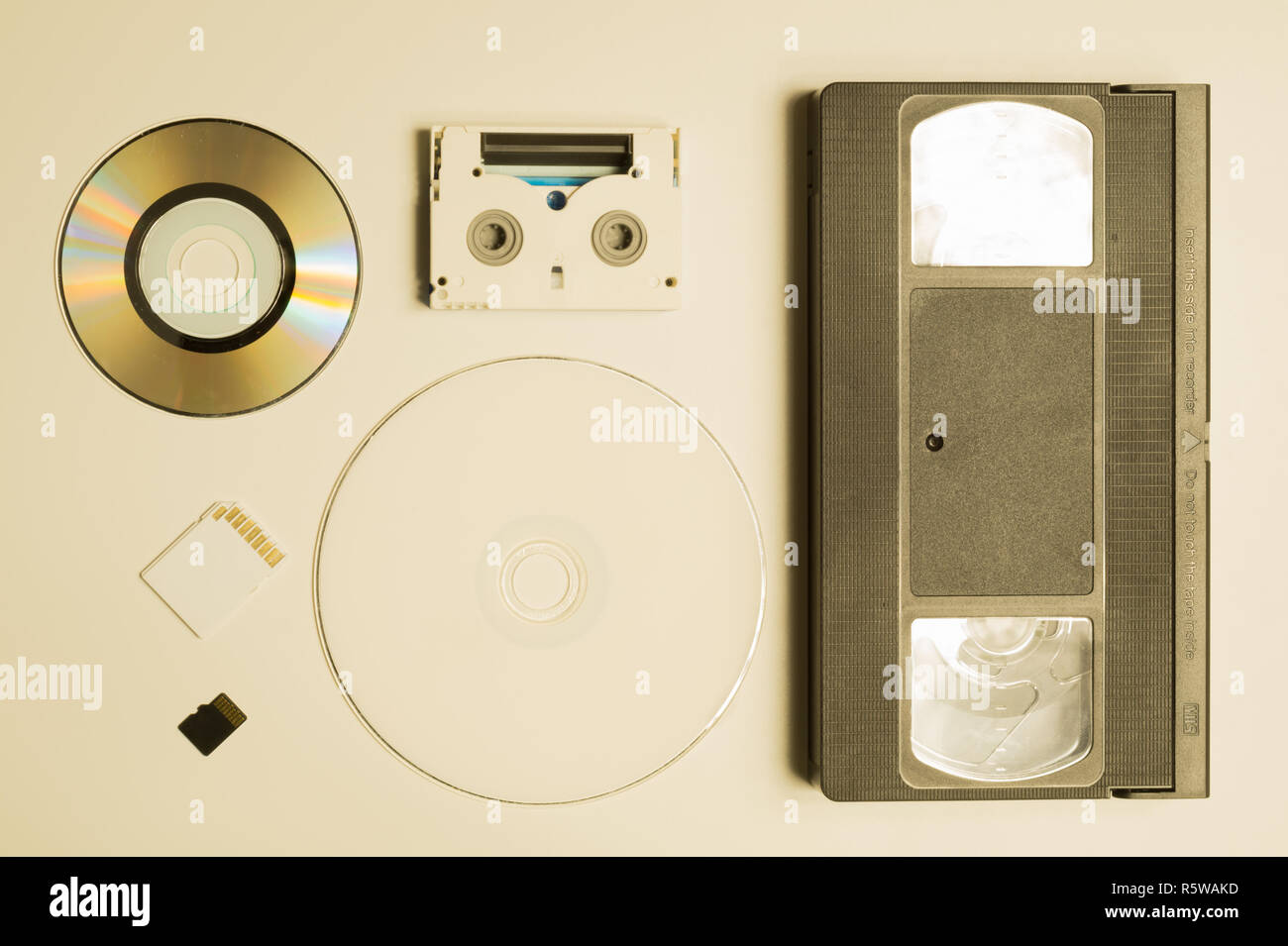 Various media types. compact disc. memory card. video tape. digital