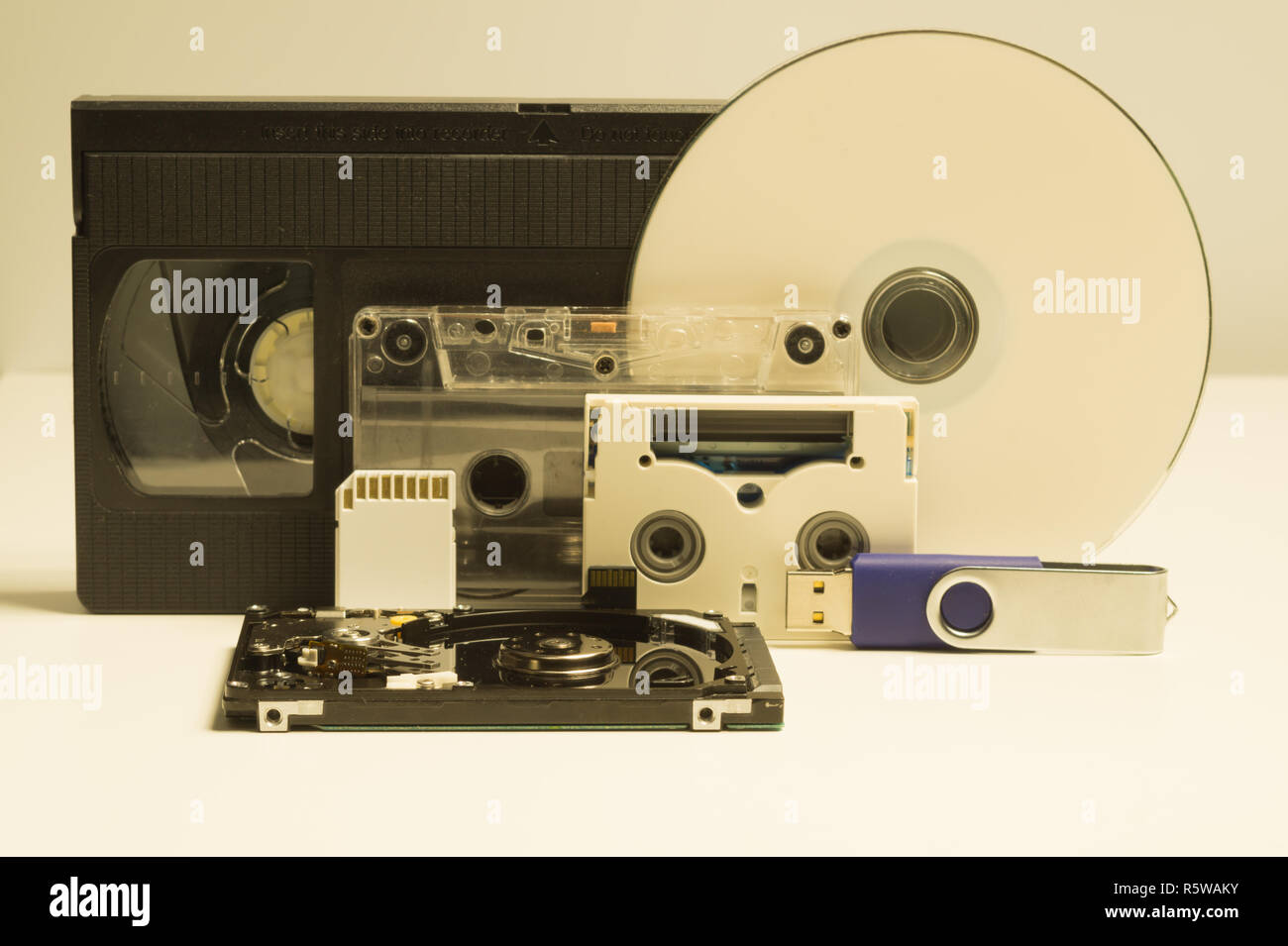 Various media types. compact disc. memory card. video tape. digital