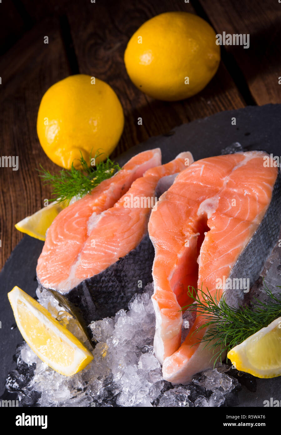 fresh raw salmon on ice Stock Photo - Alamy