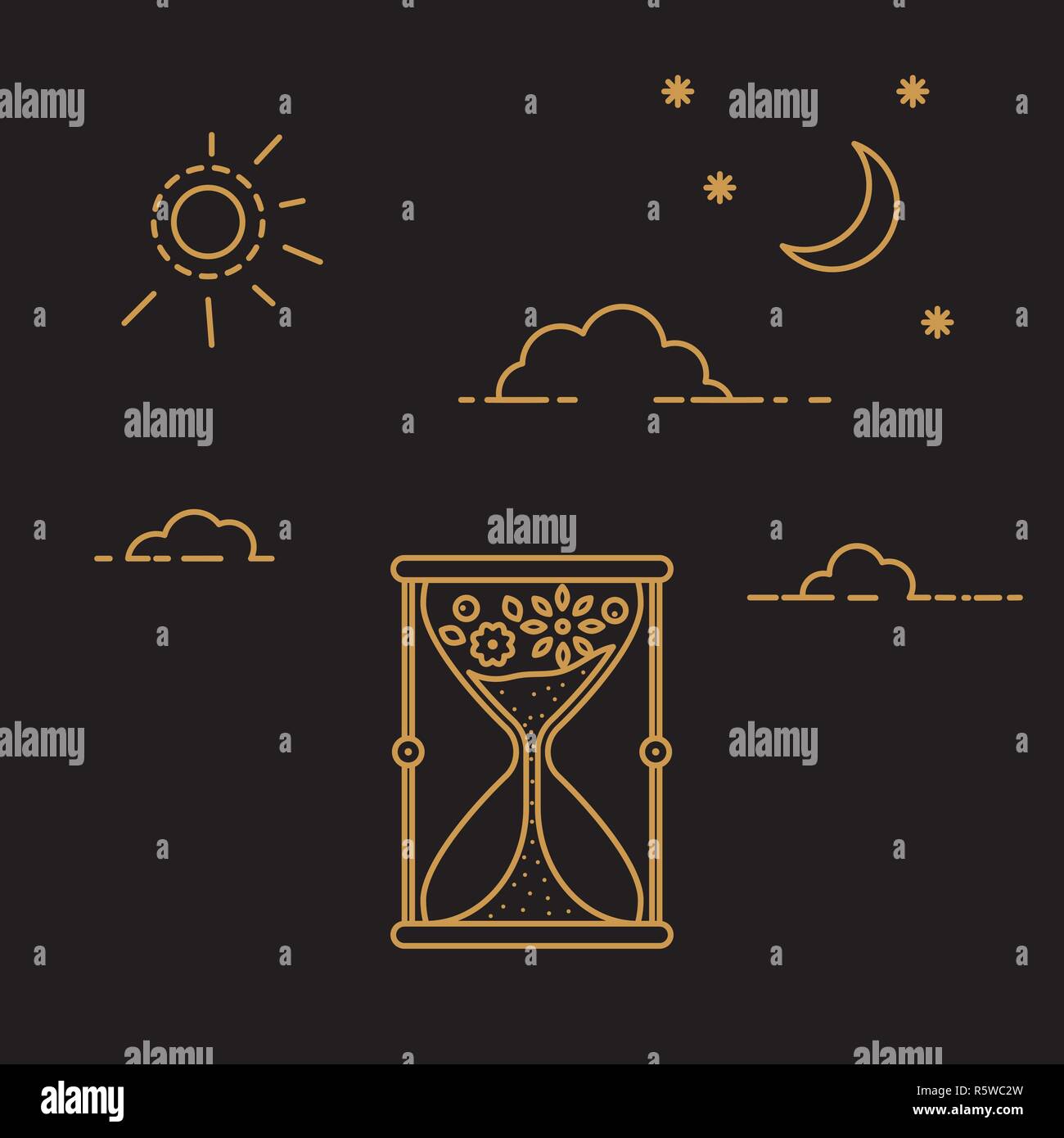Hourglass vector icon with clouds and sun. Stock Vector