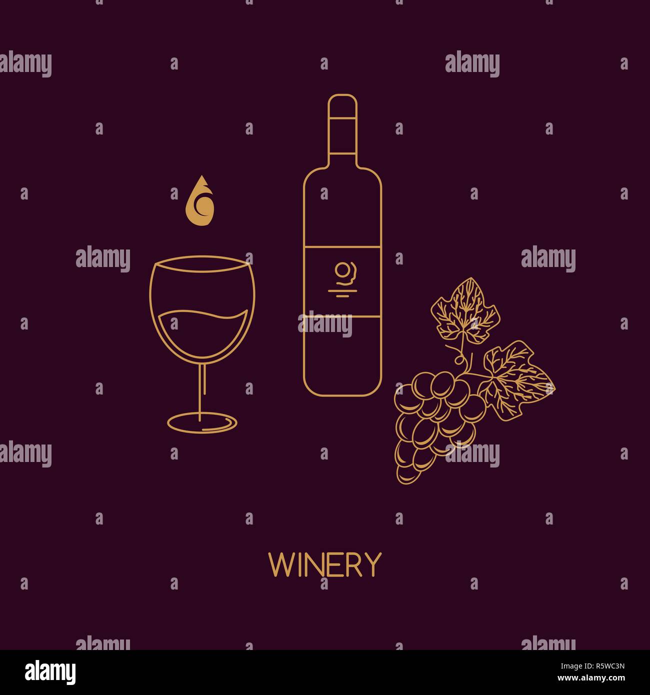 Vector icon line style wine bottle, grape and glass. Stock Vector