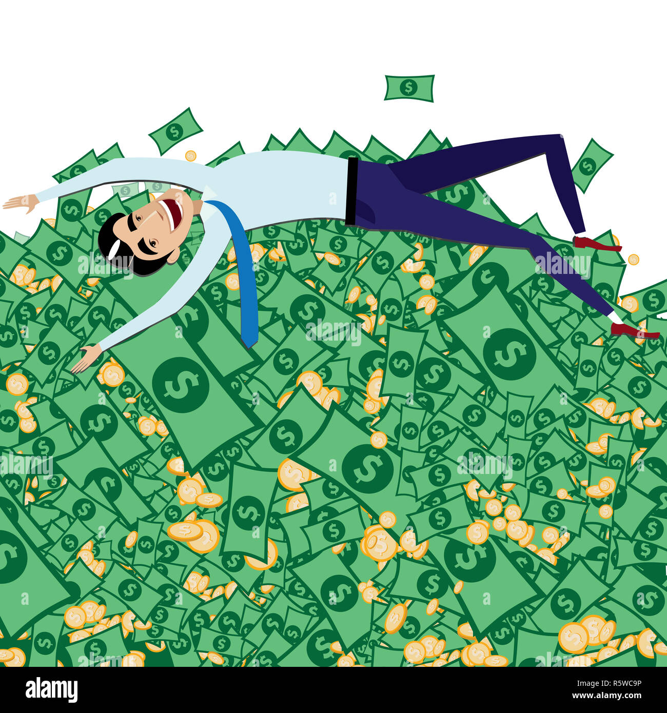 Happy businessman lying on big pile of money Stock Photo - Alamy
