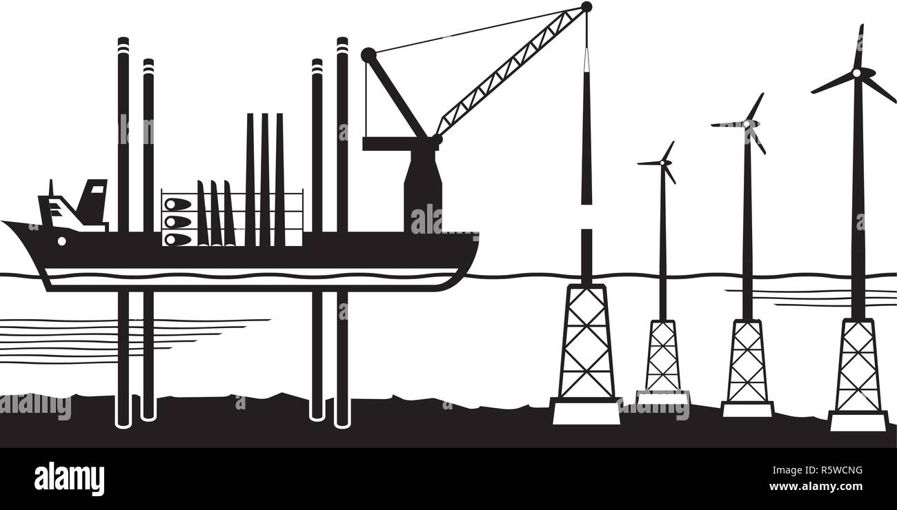 Installation vessel build wind farm in the sea - vector illustration Stock Vector