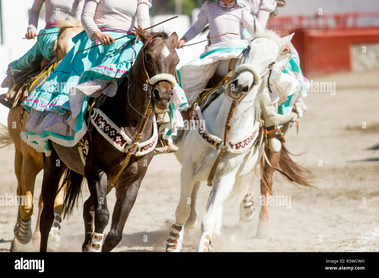 Group of mexican escaramuza girls with mexican dresses riding horses in ...
