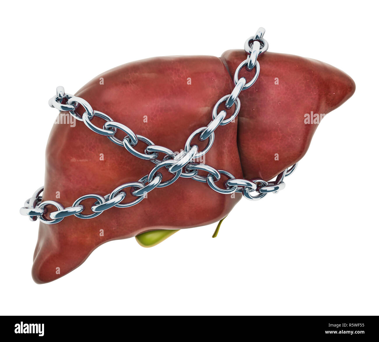Liver Pain concept. Human liver with chain. 3D rendering isolated on white background Stock Photo