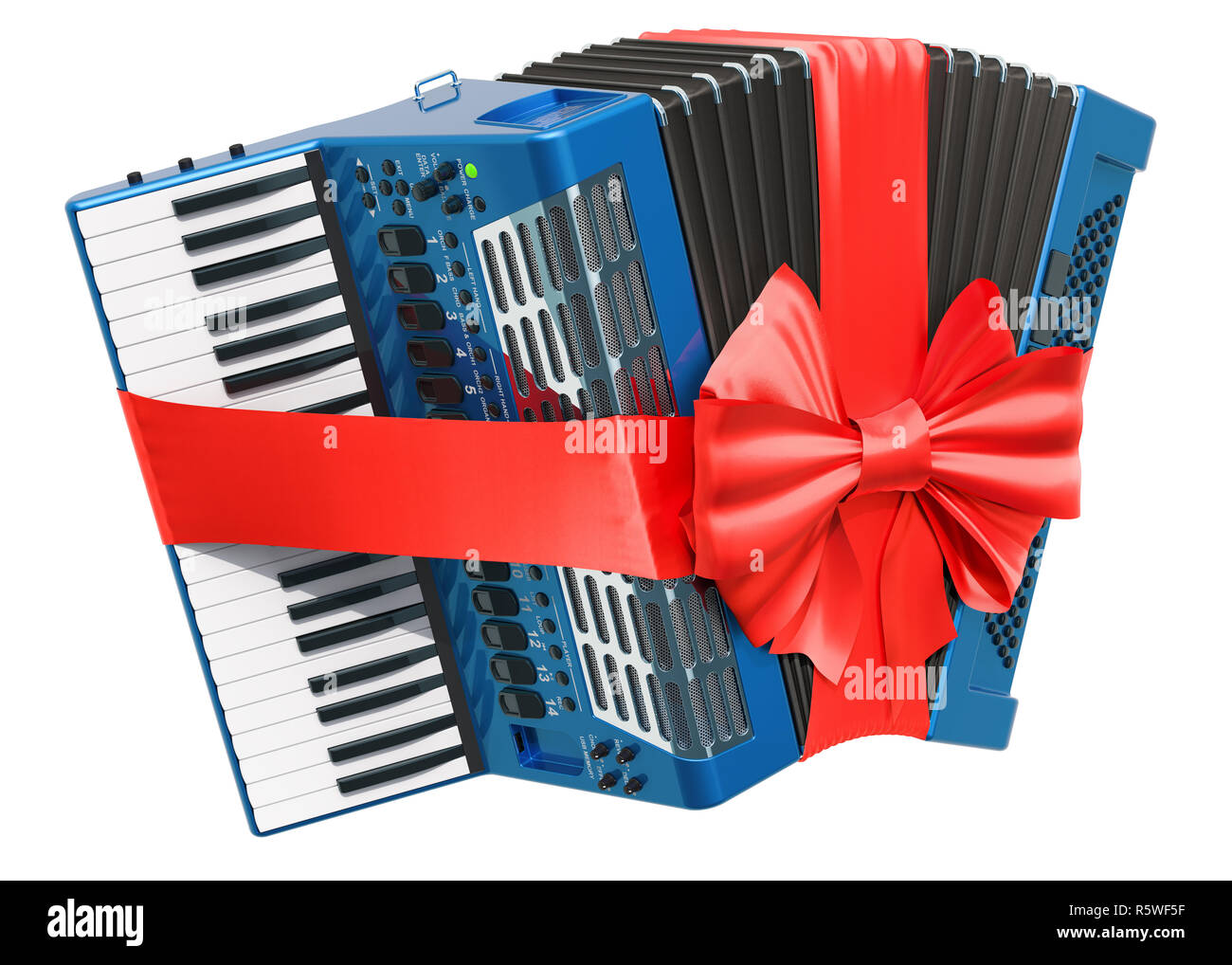 Digital accordion with bow and ribbon, gift concept. 3D rendering