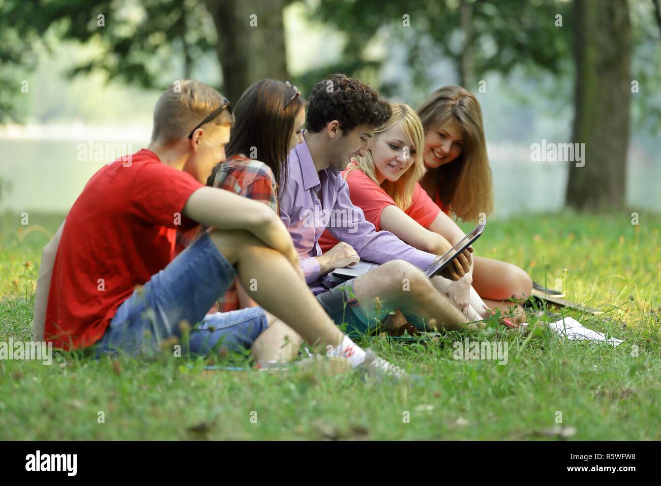 group of students with a laptop sitting on the grass in the Park Stock ...