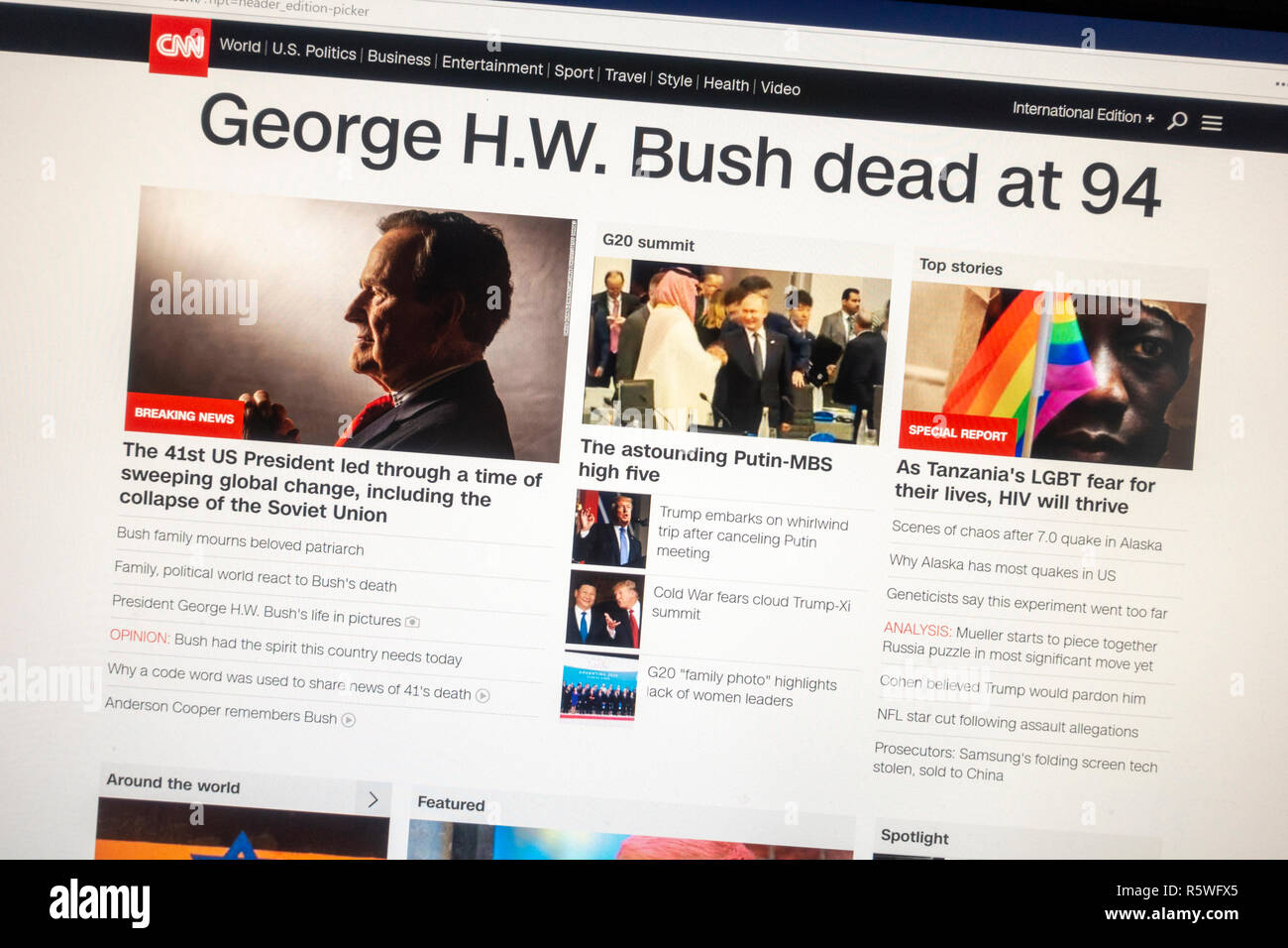 Screenshot of CNN website following the death of President George H.W. Bush on 1st December 2018.  This is the International version. Stock Photo