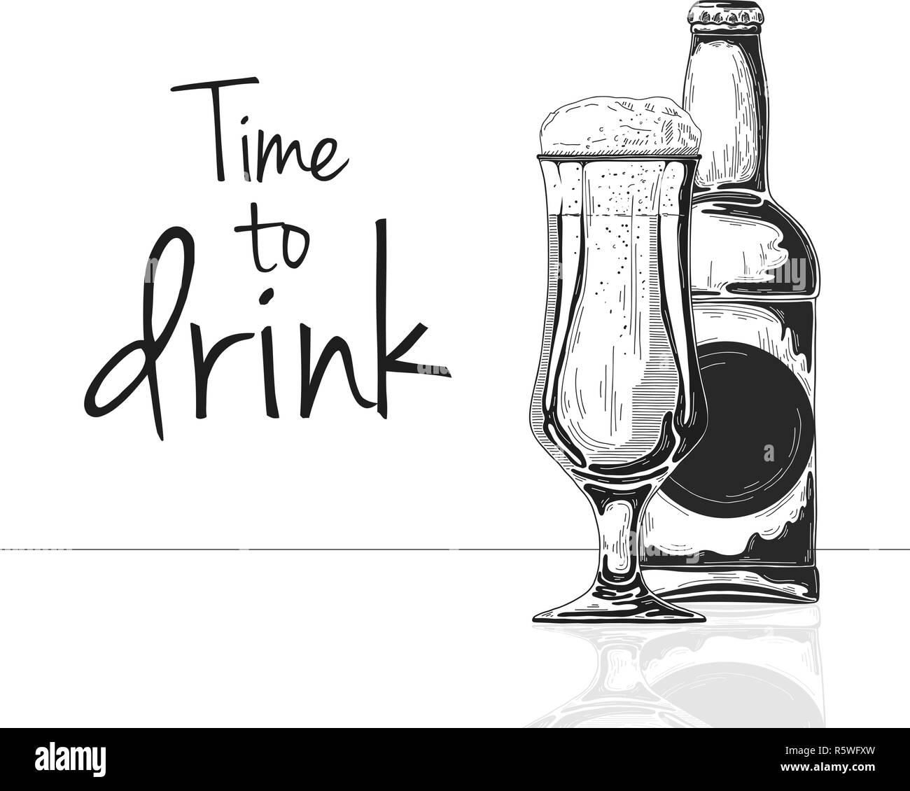 Bottle of beer. Glass with beer. Caption time to drink. Vector