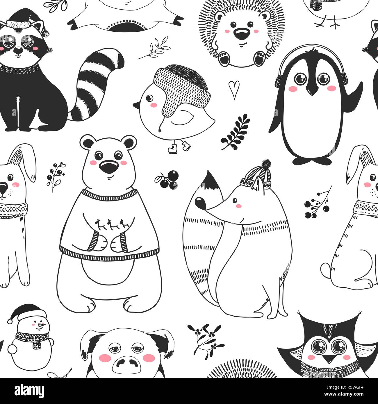 Seamless pattern with animals and different christmas elements. Vector illustration in sketch style. Stock Vector