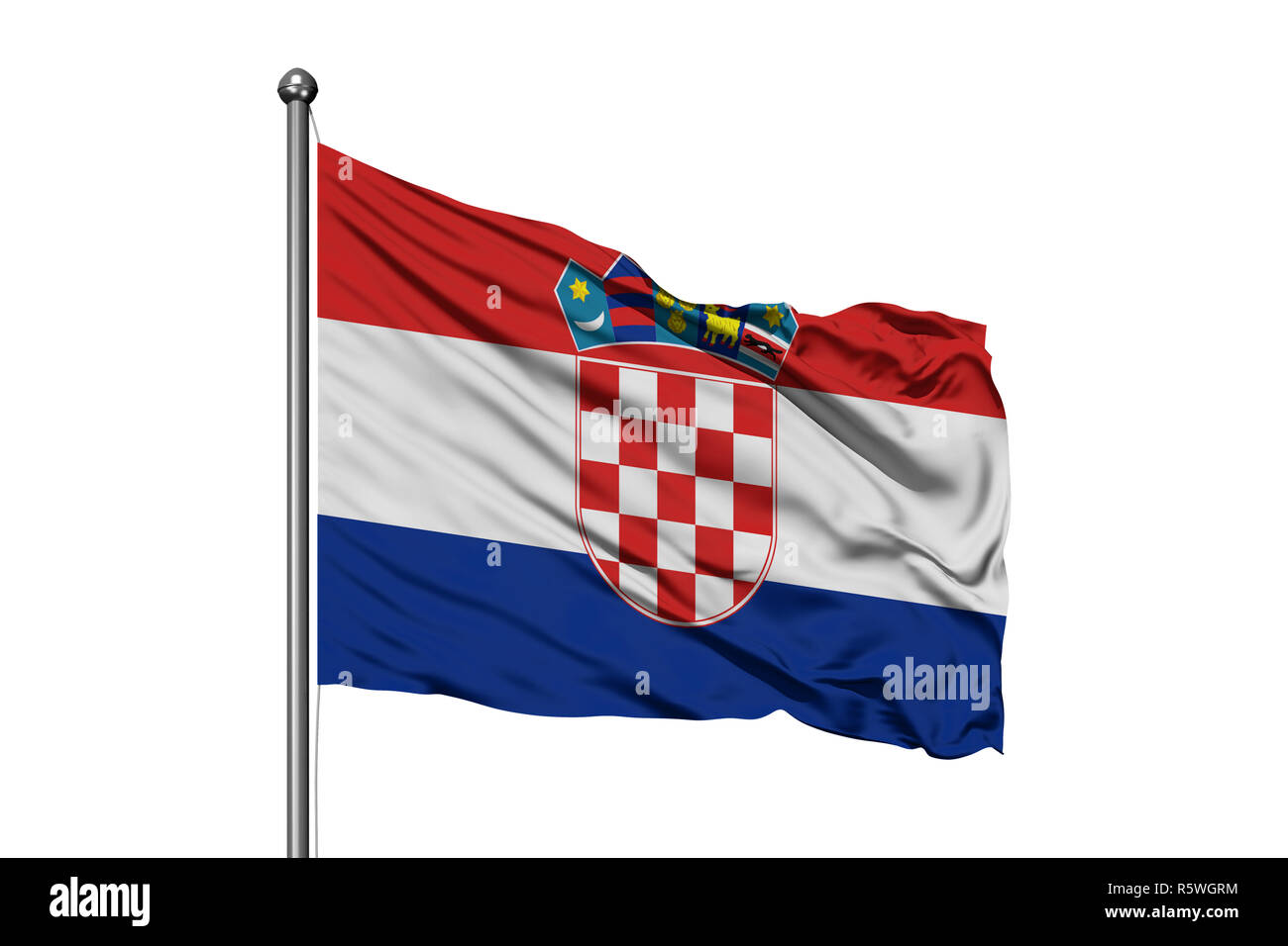 Flag of Croatia waving in the wind, isolated white background. Croatian flag. Stock Photo