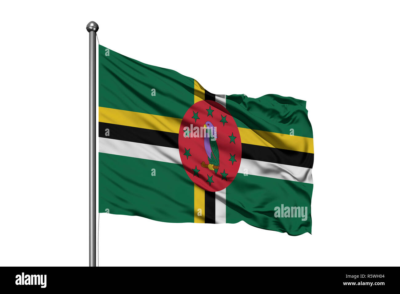 Flag of Dominica waving in the wind, isolated white background ...