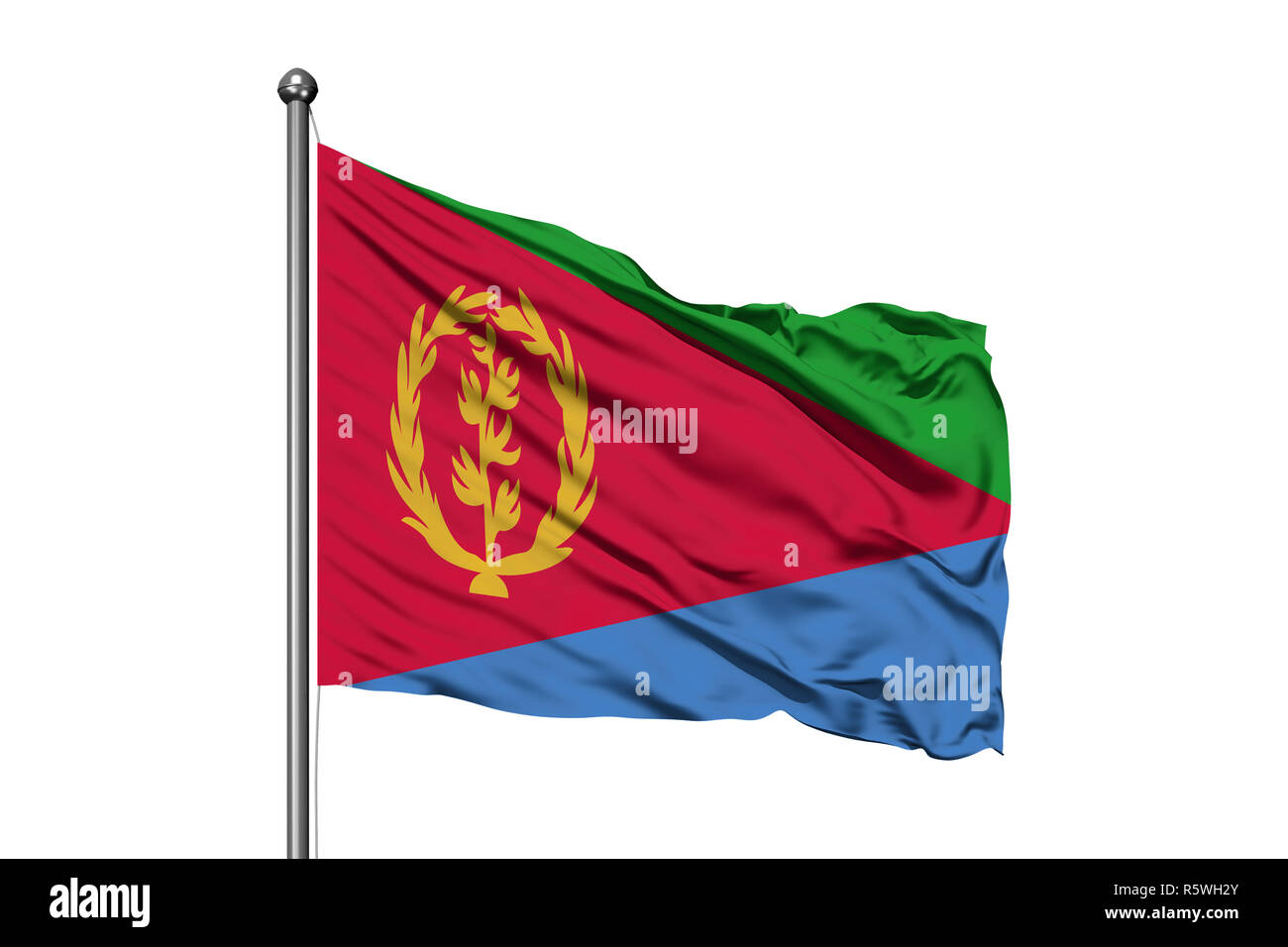 Flag of Eritrea waving in the wind, isolated white background. Eritrean