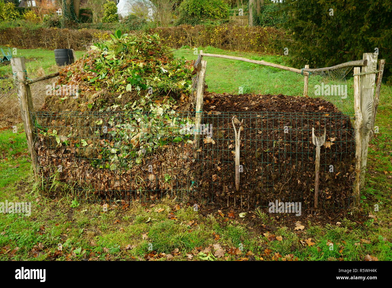 Before and after compost, on the left garden waste before composting on