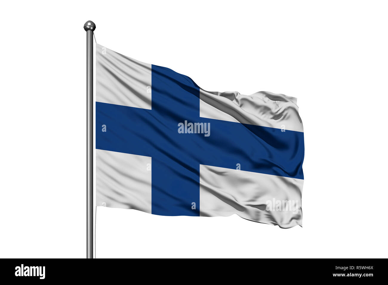 Flag of Finland waving in the wind, isolated white background. Finnish