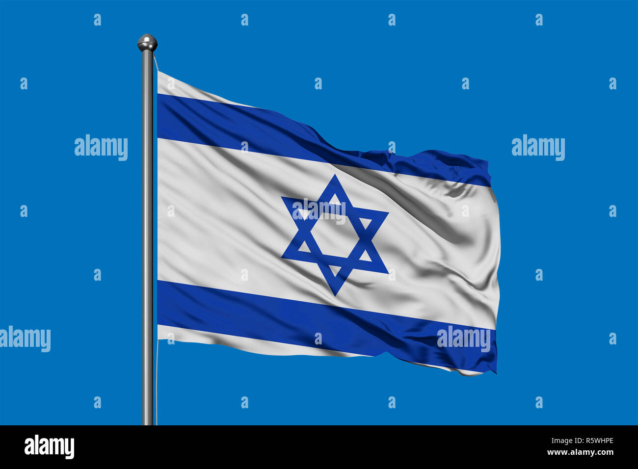 Flag of Israel waving in the wind against deep blue sky. Israeli flag ...