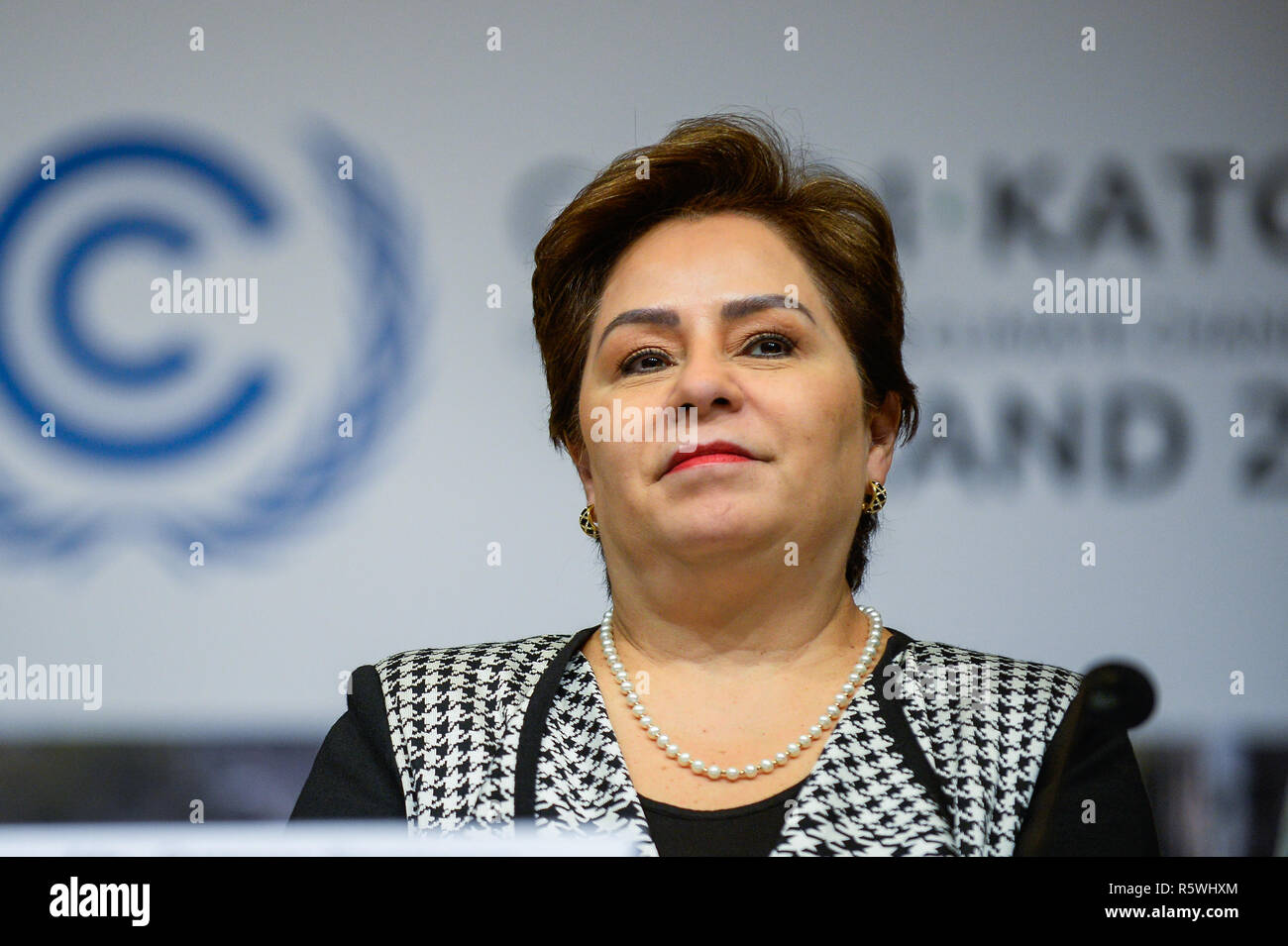 Patricia Espinosa, executive secretary of the United Nations Framework Convention on Climate Change seen speaking at the press conference during  the COP24 UN Climate Change Conference 2018. Stock Photo