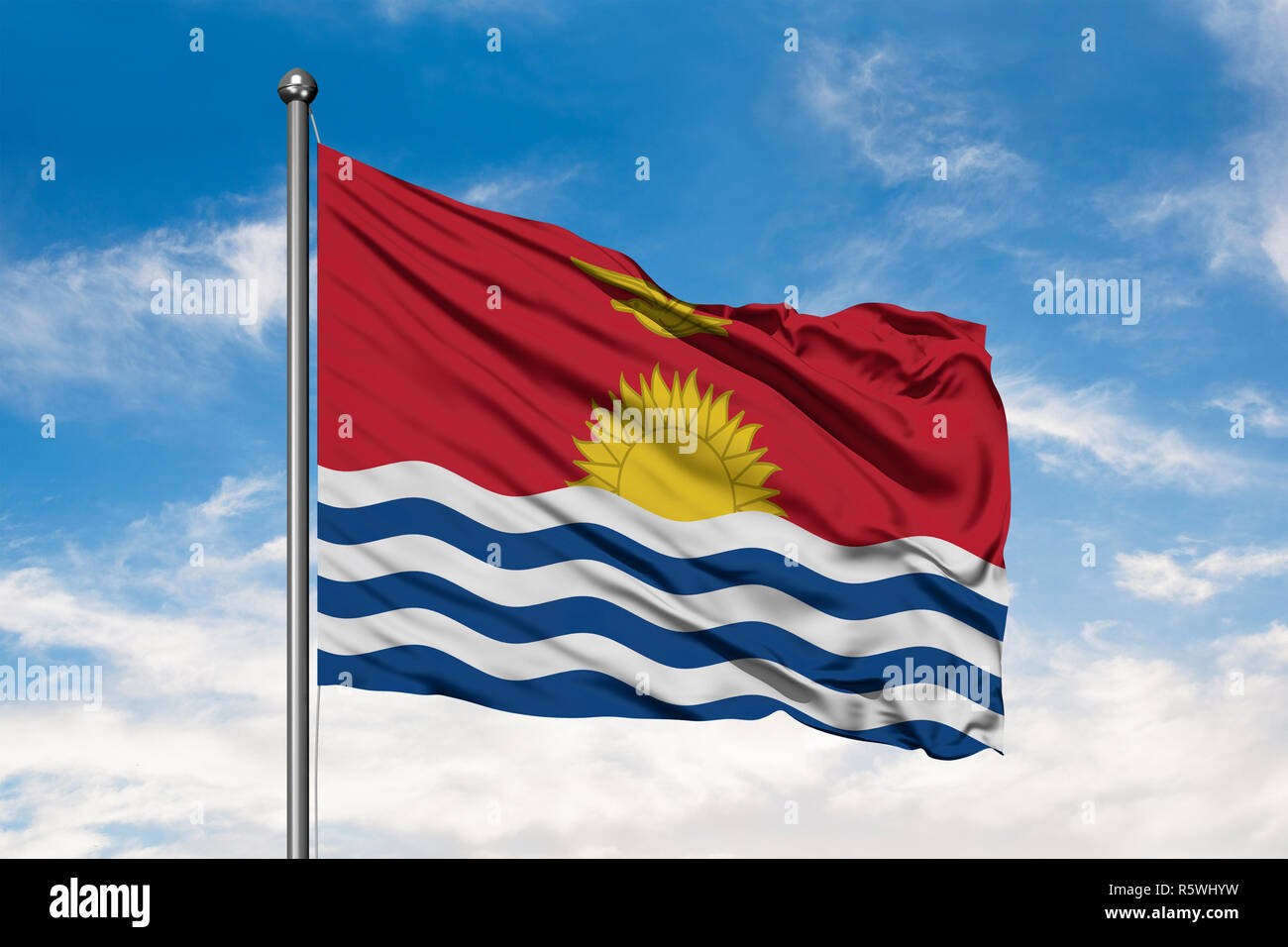 Flag of Kiribati waving in the wind against white cloudy blue sky Stock ...