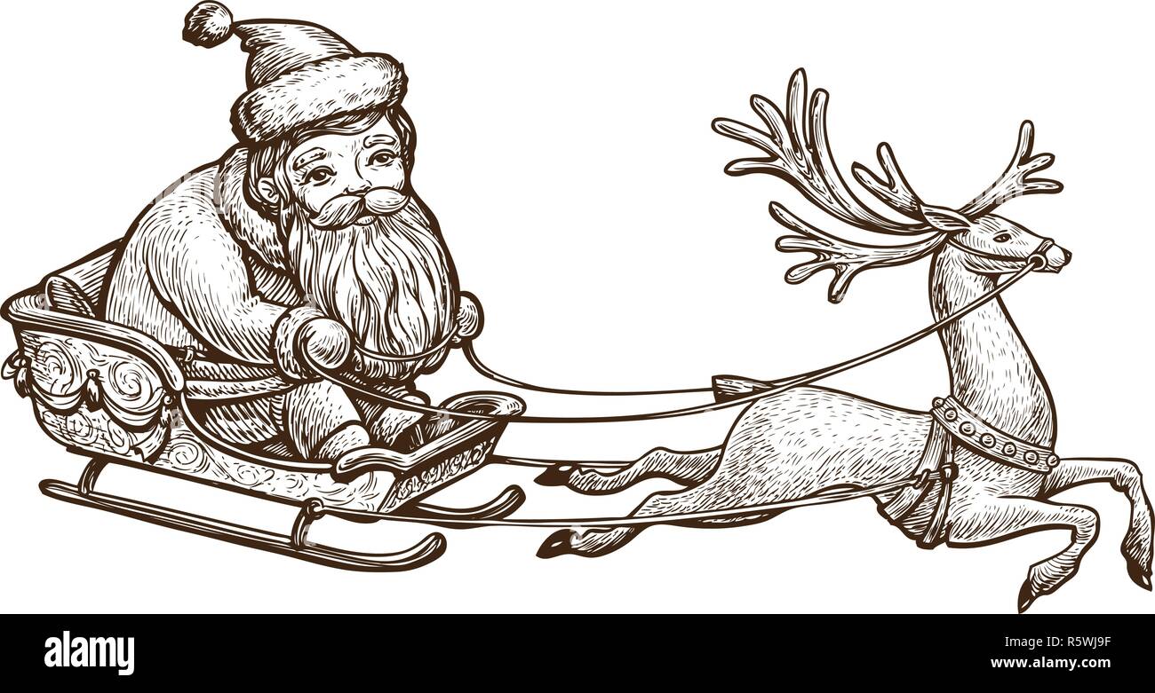 Santa Claus is riding in a sleigh. Christmas concept. Vintage sketch vector illustration Stock Vector