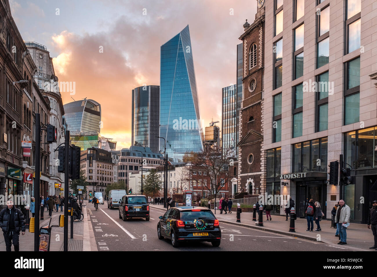 England, London, Aldgate high Street with view of the Financial Centre The city of London Stock Photo