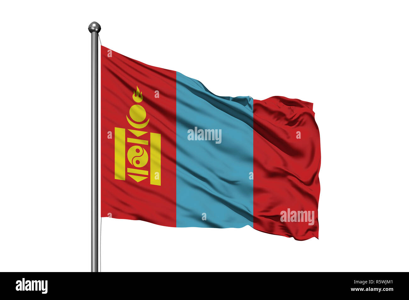 Flag of Mongolia waving in the wind, isolated white background